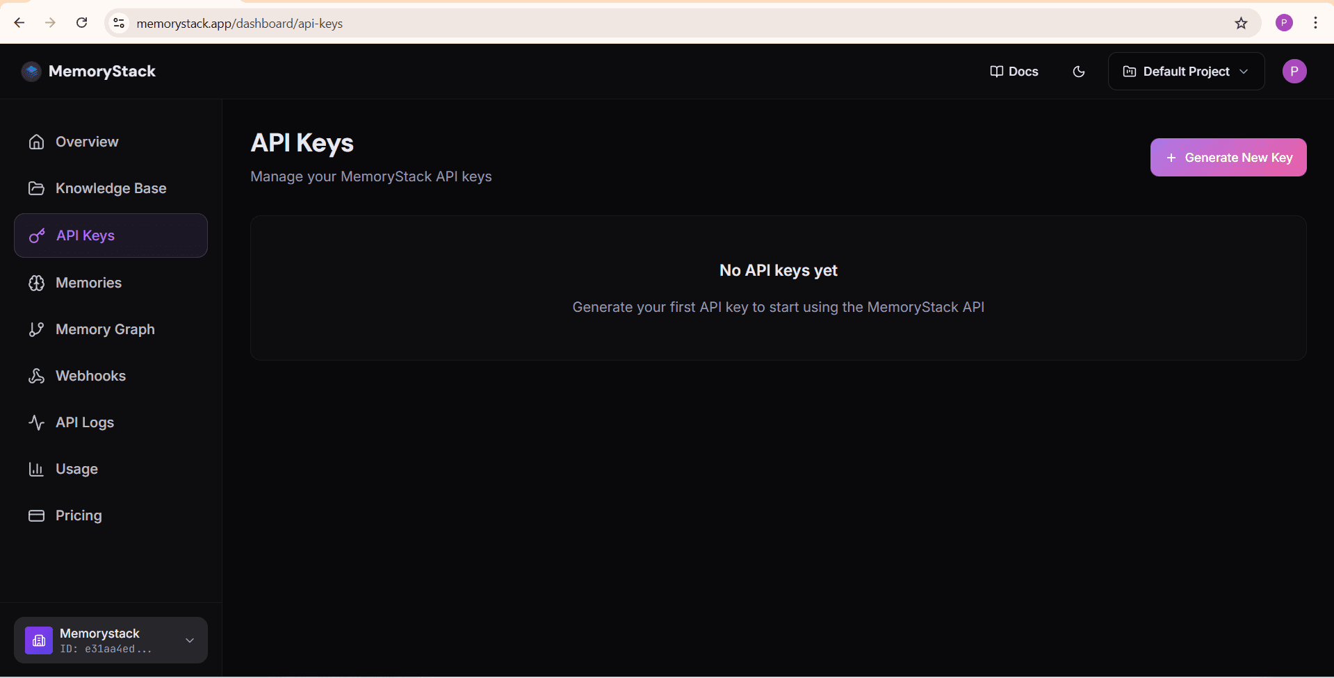 MemoryStack Dashboard showing API Key