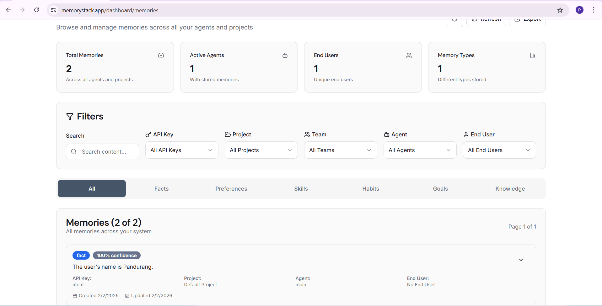 MemoryStack Memories Dashboard